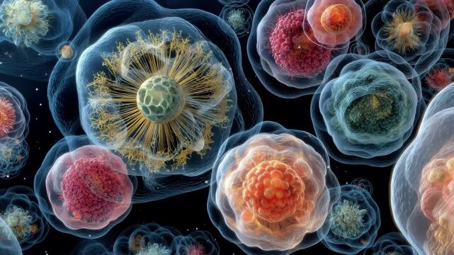 Colorful depiction of microscopic cells showcasing diverse structures and forms in an abstract biological scene