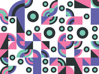 Colorful vector seamless pattern design featuring abstract circles, hand-drawn flowers, and retro rainbow elements for stylish wallpaper or art illustration