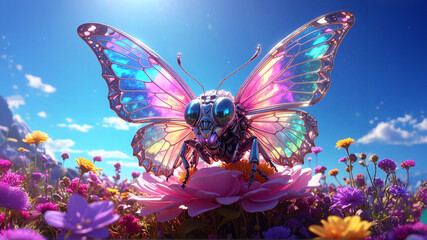 Robotic butterfly with vibrant iridescent wings resting on a flower in a colorful meadow. Futuristic sci-fi insect design with glowing metal details and bright fantasy nature atmosphere