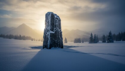 Mysterious ancient monolith covered with snow stands tall in a serene, frozen valley during a golden sunrise, casting a long shadow across the pristine landscape