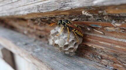 A wasp is seen working on its nest attached to a weathered wooden surface in a bright outdoor location. It is midday and the insect is busy with its task.