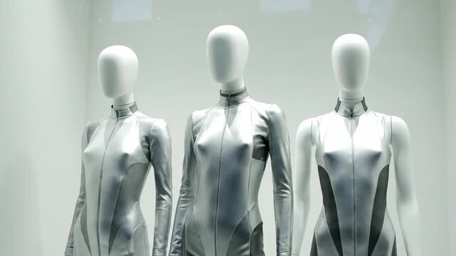 In a vibrant retail store window display, three female mannequins stand elegantly showcasing sleek silver bodysuits with a futuristic design, their faces left blank