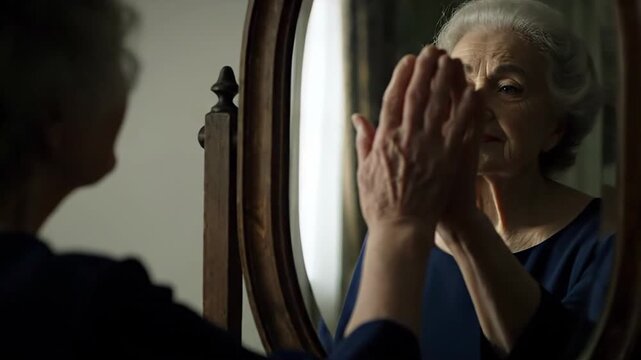 Nostalgic senior woman with gray hair looking at herself in a classic mirror, touching her face and reflecting on her life and memories