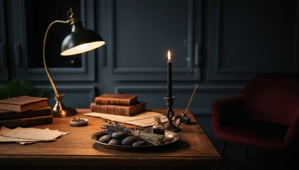 Vintage wooden desk with old books, a glowing lamp, a burning candle, and esoteric objects creating a moody, dark academia aesthetic