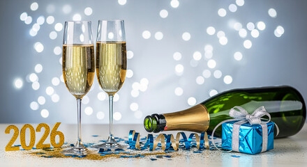 Two champagne glasses, a green bottle, and a blue gift sit near the golden 2026 numbers. It represents celebration, future event, or holiday theme
