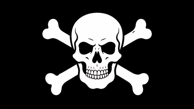 Pirate flag with a white skull and crossbones emblem slowly waving. The Jolly Roger, a symbol of piracy and danger, ripples realistically