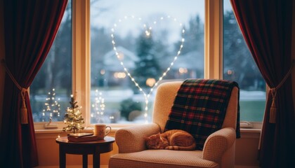 Cute ginger cat sleeping peacefully on a cozy armchair with a plaid blanket by a window with festive holiday lights and a steaming mug on a cold winter evening