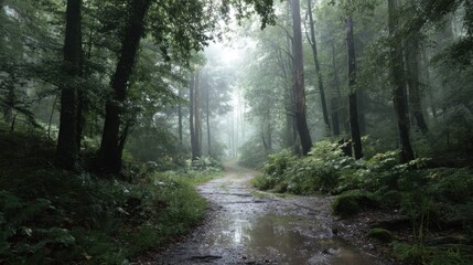 A dirt path winds through a dense forest surrounded by tall trees. Fog hangs low creating a misty atmosphere. The ground is wet from recent rain.