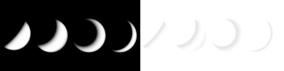 Glowing bright moon or lunar and planetary phases in soft geometric orb forms on transparent...