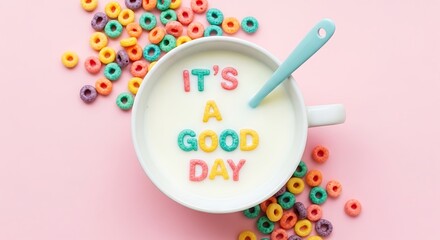 Colorful cereal loops spelling "IT'S A GOOD DAY" in a milk bowl on pink.