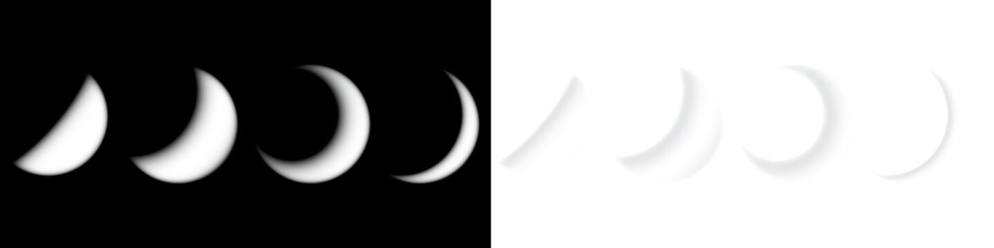 Glowing bright moon or lunar and planetary phases in soft geometric orb forms on transparent background for celestial space