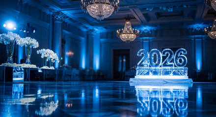 Illuminated ice sculpture reading "2026" on a glossy surface, chandeliers hanging from the ceiling, and flower arrangements, event decoration