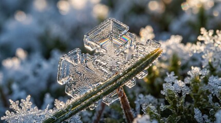 Naklejka premium Extreme macro of a hexagonal snowflake on a pine needle with rainbow light refraction. Perfect for winter themes and nature science projects showing intricate ice details.