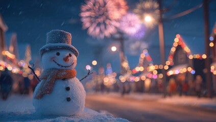 Cheerful snowman at festive winter night with fireworks display.