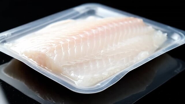 Fresh raw cod fish fillet in a vacuum sealed package slowly rotating. Delicious seafood product for healthy cooking and omega 3 source