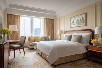 Fototapeta premium Luxury Hotel Room With a Bed, Seating Area, and Natural Light From Windows at Daytime