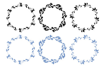 Round botanical vector wreaths, simple leaf-and-flower silhouette borders designed for monograms, home decor, wedding accents, posters and cards