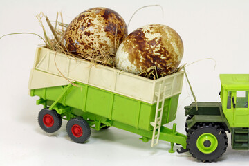 toy trailer on white background with quail eggs