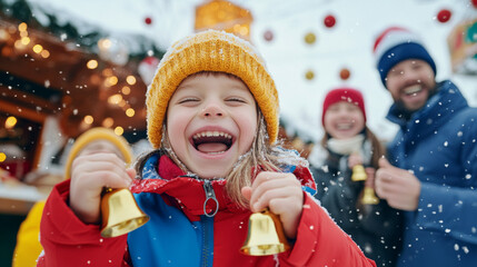 Joyful children's winter fun in snow with bright jackets and bells for holiday cheer