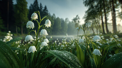 Lily of the Valley flowers in a lush forest with morning dew. The delicate white flowers of the Lily of the Valley are captured in a serene forest setting, glistening with morning dew