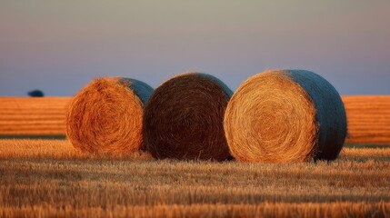 Three round bales of hay are arranged in a field at sunset. The sun highlights the golden straw and dark earth tones against the sky. The scene shows rural life during harvest time.