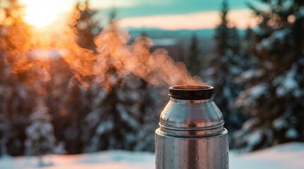 Fototapeta premium Close-up of metal thermos with steam rising against snowy forest sunset. Evokes warmth during winter adventure. Perfect for hiking, travel and outdoor lifestyle concepts.