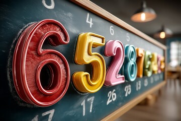 Colorful numbers displayed on a chalkboard in a classroom setting with a warm light atmosphere during the day