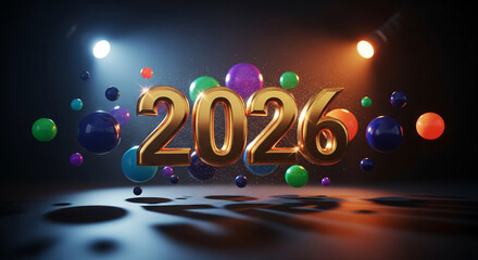 Illuminated golden numeral 2026 surrounded by sphere of various color, concept of celebration and anticipation, stage for showcase, reflective surface
