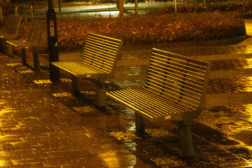 Empty park benches reflecting city lights on a rainy night
