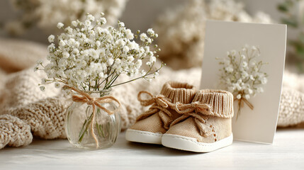 Baby shoes and flowers with a greeting card for a new baby. A beautiful arrangement of flowers and baby shoes is perfect for a baby announcement or a baby shower