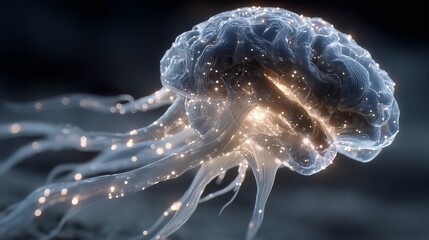 Jellyfish moving in dark water with light strands flowing from its body captured during night time