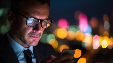 A man in a suit stands outdoors at night. He looks at his smartphone while city lights create a colorful bokeh effect behind him. The scene shows a busy urban environment.