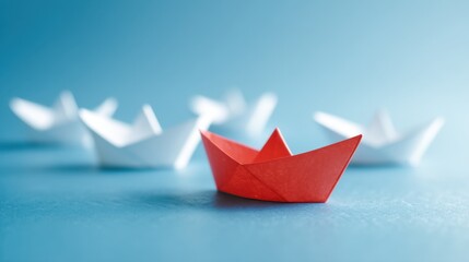Obraz premium A red paper boat sits on a blue surface surrounded by several white paper boats. This craft activity involves folding paper into boat shapes for children to enjoy and learn.