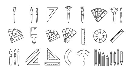 Stunning collection of minimalist line art design tools featuring paintbrushes rulers color swatches and drawing implements for creative projects