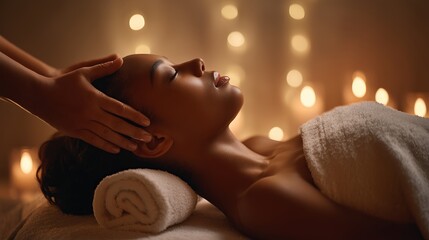 Obraz premium Head massage session at a wellness center with soft lighting and calming atmosphere during the evening