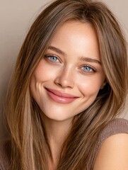 Naklejka premium Young woman with long hair smiles at the camera with bright blue eyes