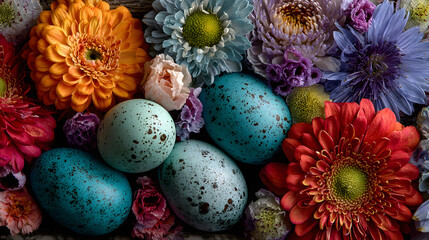 Obraz premium Colorful spring scene with blue eggs surrounded by vibrant flowers