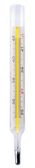 Medical mercury thermometer for measuring body temperature on a white background.