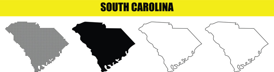 South Carolina map collection showing various geographic styles from dotted to solid fills and outlines perfect for design projects © Masud010