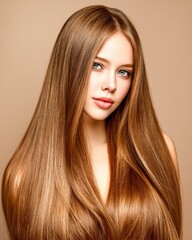 Naklejka premium Long hair model poses with smooth hair and clear eyes in a studio setting