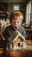 A cute little boy looks excitedly at a gingerbread house during his happy childhood at Christmas.