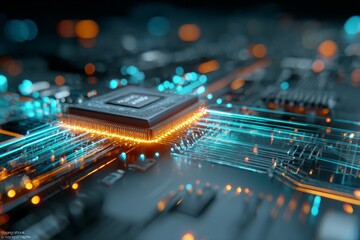 Close-up View of a Glowing Computer CPU on a Motherboard With Data Streams Flowing Through Illuminated Circuits