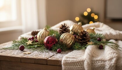 Festive red and gold Christmas baubles with pine cones and fir branches on a rustic wooden table with a cozy knitted blanket and warm bokeh lights in the background