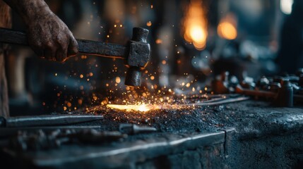 A blacksmith uses a hammer to hit hot metal on an anvil in a workshop. Sparks fly as the metal is shaped by skilled hands. The workshop glows from the heat of the forge.