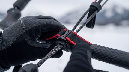 Close up of gloved hands holding snowkite control bar with red safety line. Set outdoors in winter, this depicts extreme sports preparation, gear safety and active lifestyle.