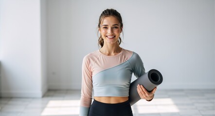 Smiling fit woman holding a yoga mat in a bright studio. Portrait of a happy young person ready for a fitness workout. Healthy active lifestyle concept with copy space