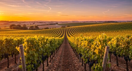 Vineyard landscape with rows of green grapevines at sunset. Scenic view of rolling hills and agricultural fields in the countryside. Wine production concept