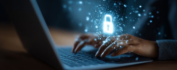 Young businesswoman is using laptop for cyber security protection.cyber security concept, user privacy security and encryption, secure internet access Future technology and cybernetics, screen padlock