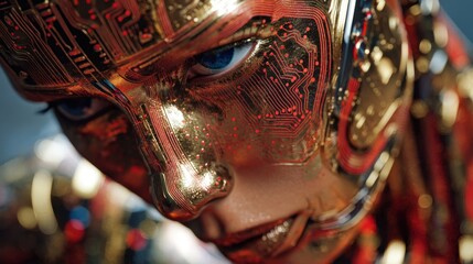 Obraz premium A robot with shiny metallic skin and blue eyes focuses on its features. The intricate circuitry reflects light in various colors showcasing advanced technology in a futuristic style.