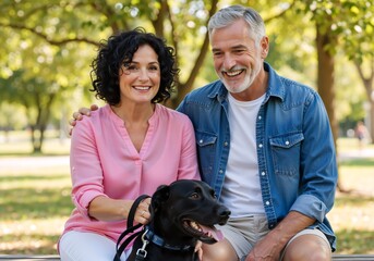 Happy senior couple sitting on a bench in a park with their black dog. Middle-aged man and woman relaxing outdoors with a pet Labrador